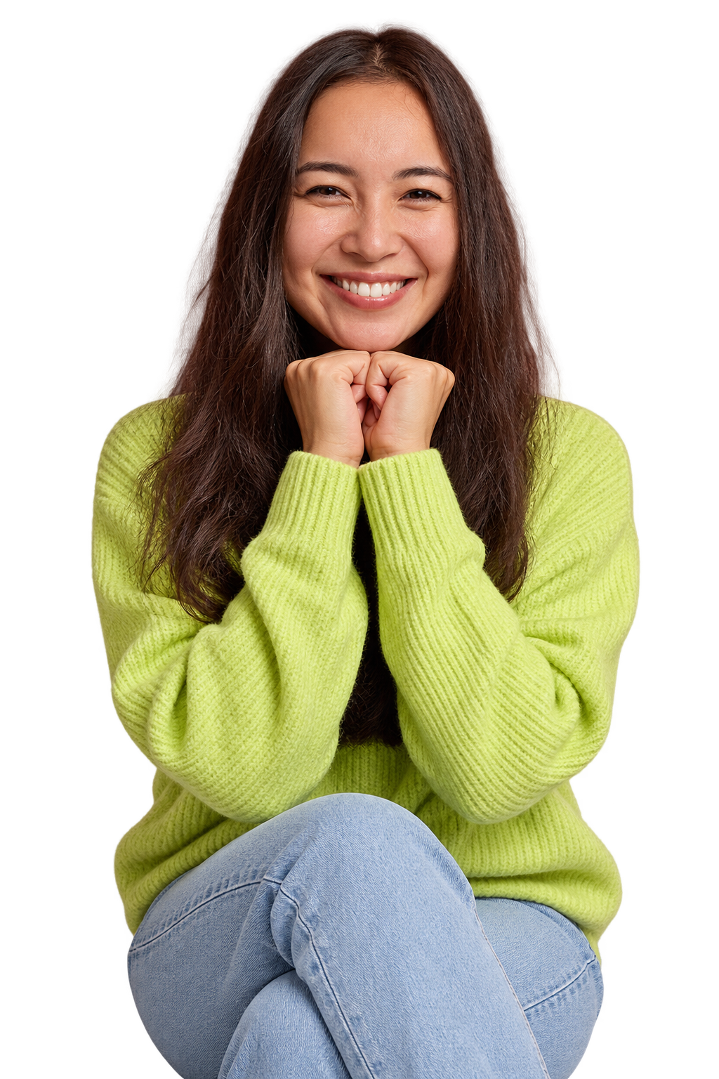 Smiling woman in a bright green sweater